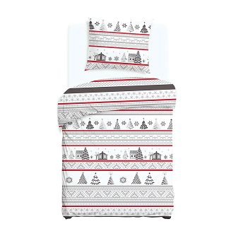 Pościel flanelowa FLANELOVE 140x200 świąteczny wzór chatki i choinek na białym tle