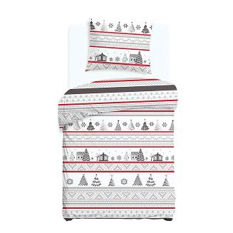 Pościel flanelowa FLANELOVE 140x200 świąteczny wzór chatki i choinek na białym tle