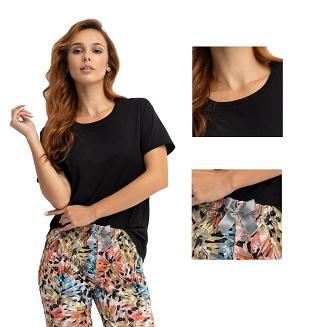 Piżama damska LUNA kod 679 czarna wielokolorowa / egzotyczne liście