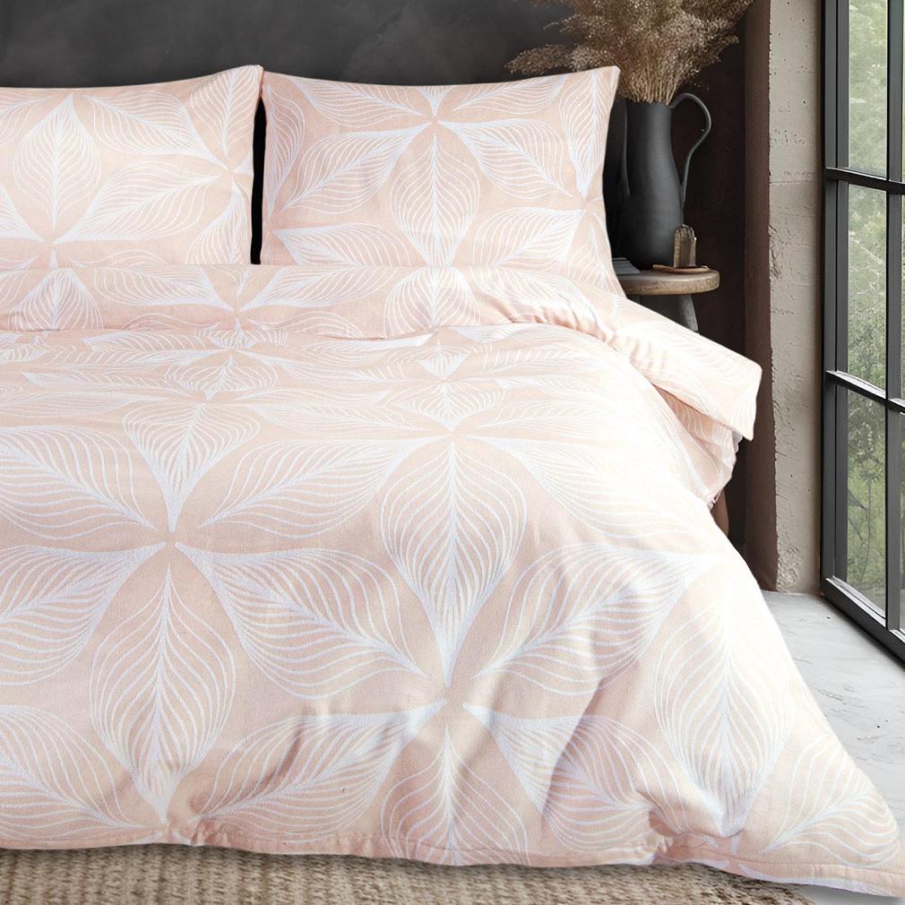 Pościel flanelowa FLANELOVE 140x200 pudrowa w białe liście