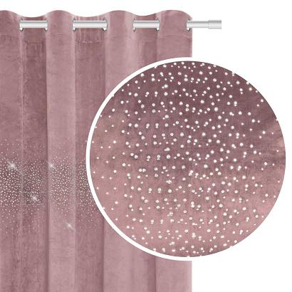 Zasłona gotowa na przelotkach Shiny 140x250 welurowa z kryształkami pudrowa