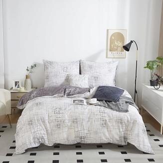 Pościel satyna bawełniana 220x200 szara biała geometryczna kratka