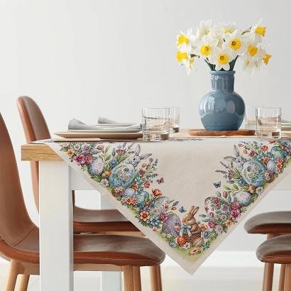 Obrus dekoracyjny gobelin 100x100 Eurofirany naturalny wielkanocny zajączek i kolorowe pisanki