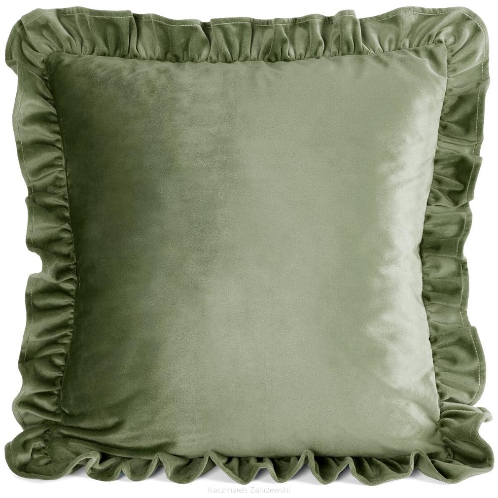 Poszewka dekoracyjna BRENDA1 45x45 Eurofirany oliwkowa welwetowa zdobiona falbanami