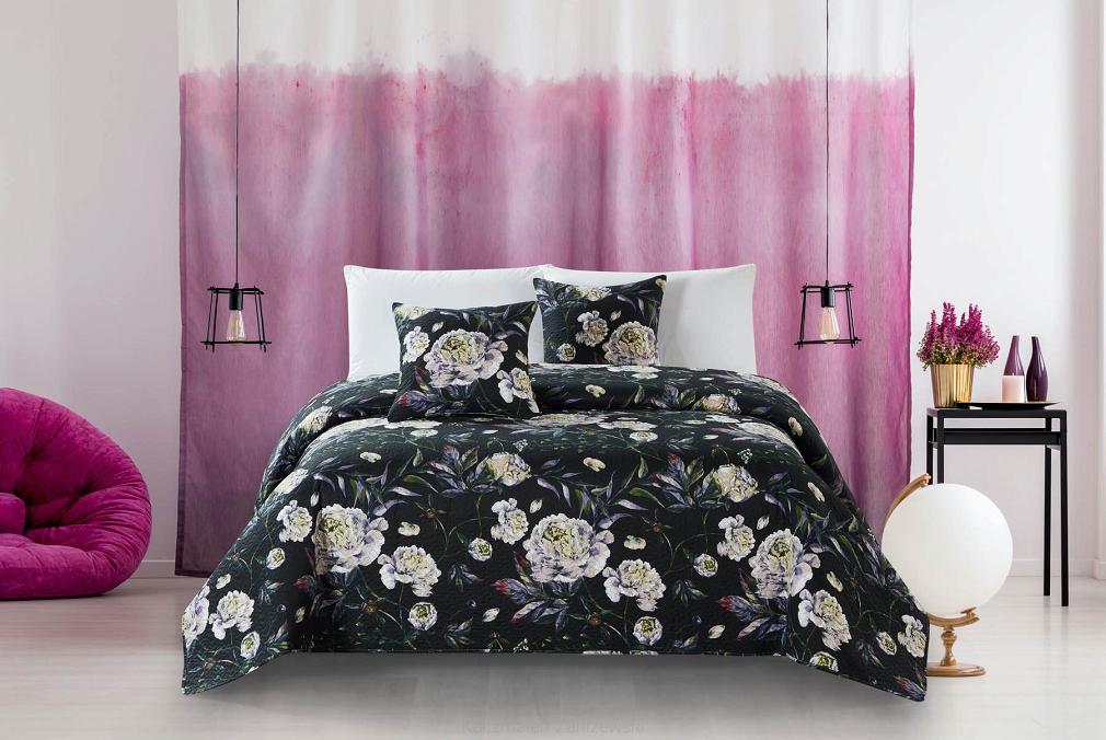 Narzuta dekoracyjna PEONY 160x220 pikowana czarna w kwiaty