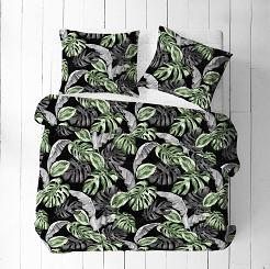 Pościel z kory 180x200 czarna w szare zielone egzotyczne liście