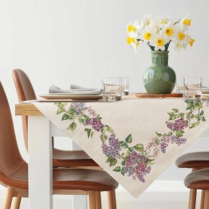 Obrus dekoracyjny gobelin 100x100 Eurofirany naturalny fioletowy kwiaty bzu lilak