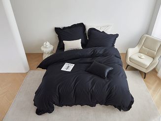Pościel satyna bawełniana 140x200 Ruffy Premium czarna z falbanką