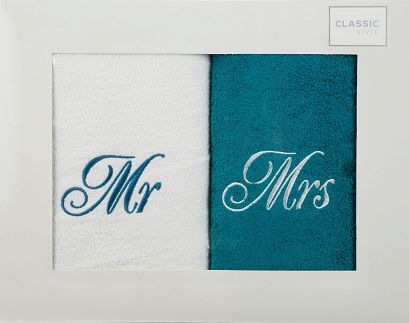 Komplet ręczników 2 szt. Mr-Mrs 70x140 Eurofirany biały turkusowy