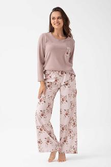 Piżama damska LUNA kod 348 beżowa spodnie w różowo-oliwkowe kwiaty