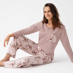 Piżama damska LUNA kod 348 beżowa spodnie w różowo-oliwkowe kwiaty
