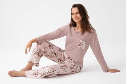 Piżama damska LUNA kod 348 beżowa spodnie w różowo-oliwkowe kwiaty