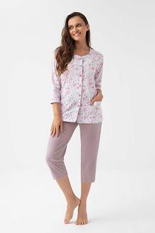 Piżama damska LUNA kod 388 różowa beżowa w kwiaty listki rozpinana