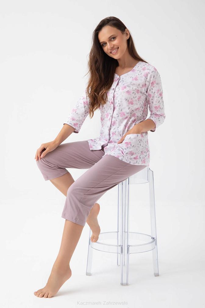 Piżama damska LUNA kod 388 różowa beżowa w kwiaty listki rozpinana