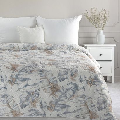 Narzuta dekoracyjna LAYLA 200x220 biała srebrna pikowana piórka liście