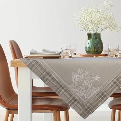 Obrus dekoracyjny świąteczny 140x200 Eurofirany ciemnobeżowy w kratkę szyszki
