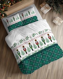 Pościel flanelowa 220x200 zielona biała ostrokrzewy dziadki do orzechów