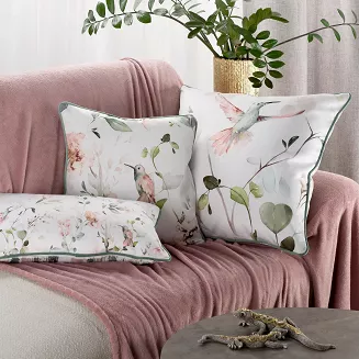 Poszewka dekoracyjna INEZ 60x60 Eurofirany biała zielona dwustronna botaniczny nadruk ptaszek