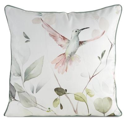 Poszewka dekoracyjna INEZ 60x60 Eurofirany biała zielona dwustronna botaniczny nadruk ptaszek