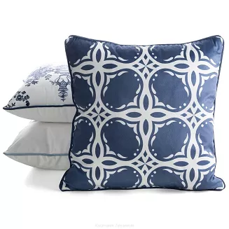 Poszewka dekoracyjna VELVET 45x45 Eurofirany biała granatowa nadmorski krajobraz żaglowiec miasto