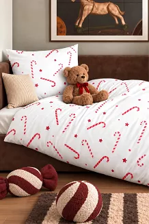 Dziecięca Pościel Świąteczna z Satyny Bawełnianej CANDYCANES Biała (100x135 cm)