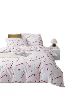 Pościel świąteczna dziecięca satyna bawełniana Candycanes 100x135 biała czerwone cukrowe laski gwiazdki