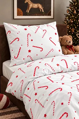 Pościel świąteczna dziecięca satyna bawełniana Candycanes 100x135 biała czerwone cukrowe laski gwiazdki