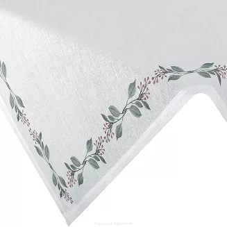 Obrus dekoracyjny wodoodporny LILY 140x180 Eurofirany biały zielony wzór botaniczny na brzegach