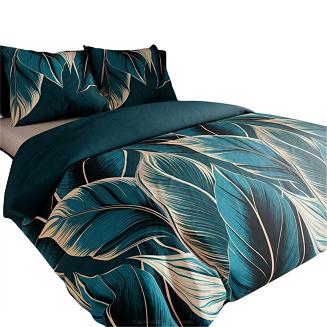 Komplet pościeli LEVI z bawełny satynowej 220x200 turkusowa beżowa duże liście