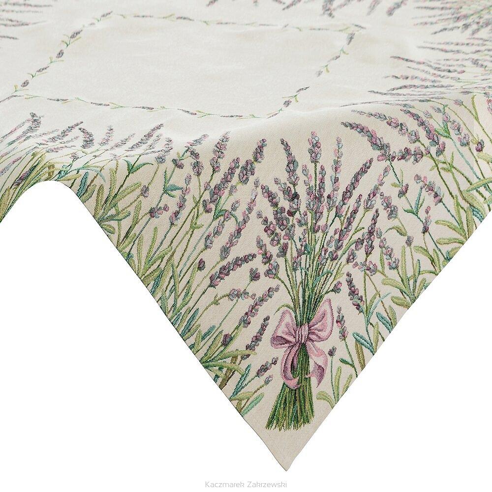 Obrus dekoracyjny gobelin 140x180 Eurofirany naturalny zielony fioletowy lawendowe bukiety