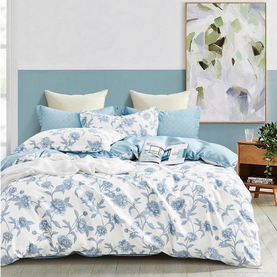 Pościel satynowa 140x200 biała niebieska błękitna kwiaty peonie