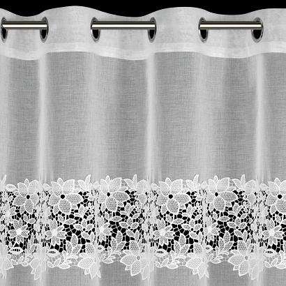 Firana gotowa na przelotkach ARTEMIDA 140x250 Eurofirany biała z etaminy kwiatowa aplikacja na górze