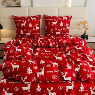 Pościel świąteczna 140x200 czerwona biała renifery choinki śnieżynki