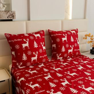 Pościel świąteczna 140x200 czerwona biała renifery choinki śnieżynki