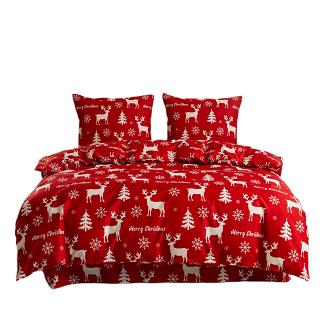 Pościel świąteczna 140x200 czerwona biała renifery choinki śnieżynki