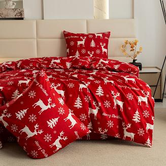Pościel świąteczna 140x200 czerwona biała renifery choinki śnieżynki