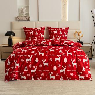 Pościel świąteczna 140x200 czerwona biała renifery choinki śnieżynki
