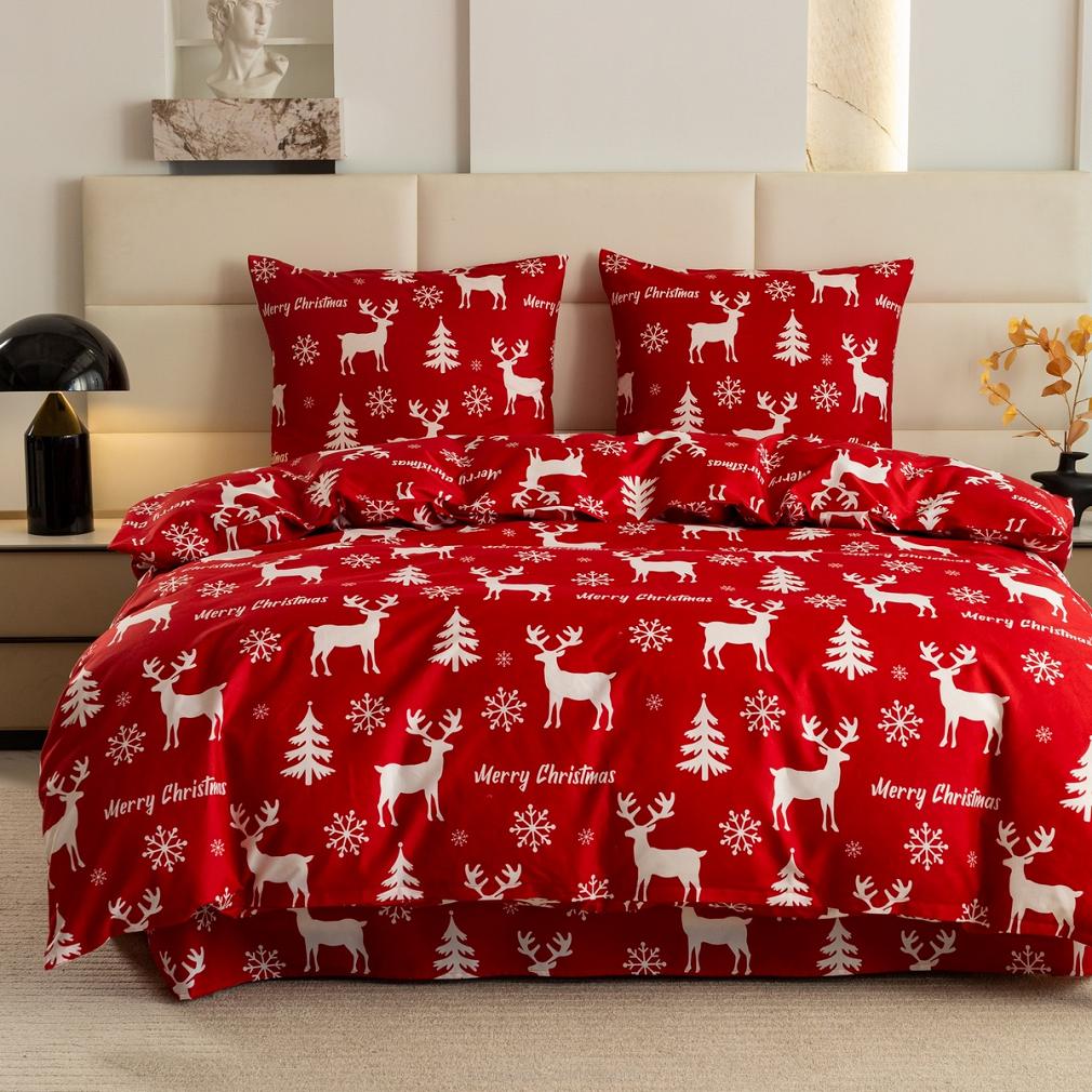 Pościel świąteczna 140x200 czerwona biała renifery choinki śnieżynki