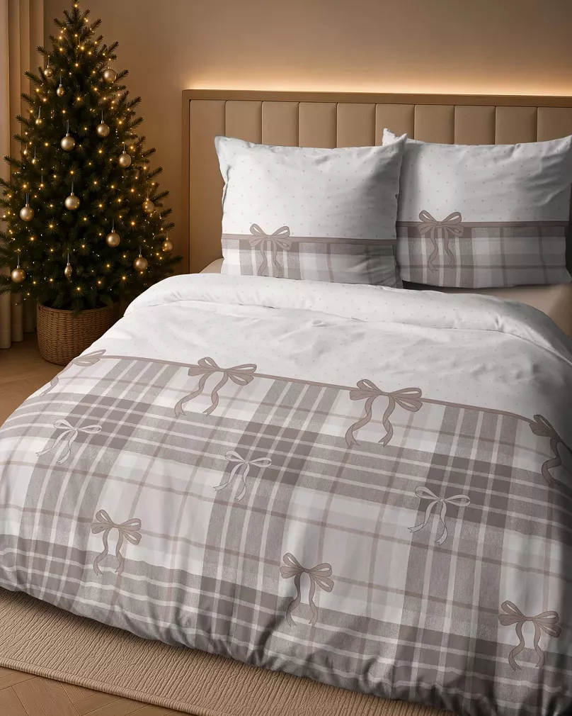 Pościel satynowa świąteczna Home Satin 160x200 biała beżowa w kokardy i kratę