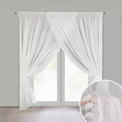 Firana gotowa na taśmie LORETA 400x250 Eurofirany biała szyfon fanatazyjna aplikacja na brzegach