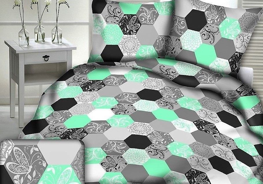 Pościel z kory 160x200 wzór seledynowo-szare sześciokąty