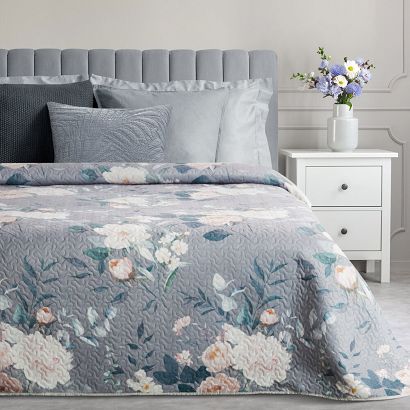 Narzuta dekoracyjna ROSITA 170x210 srebrna kremowa różowa pikowana kwiaty peonie