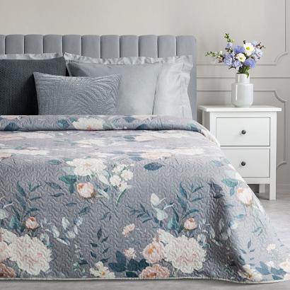 Narzuta dekoracyjna ROSITA 170x210 srebrna kremowa różowa pikowana kwiaty peonie
