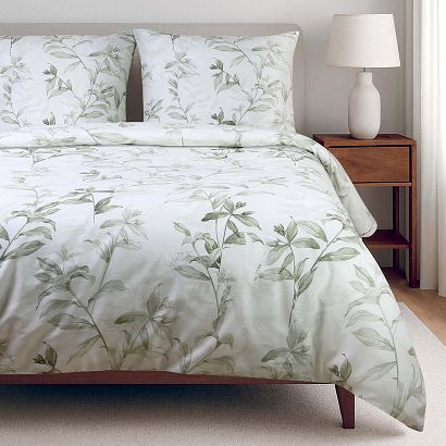 Pościel bawełniana COTTONLOVE 180x200 jasnozielona w zielone liście i kwiaty