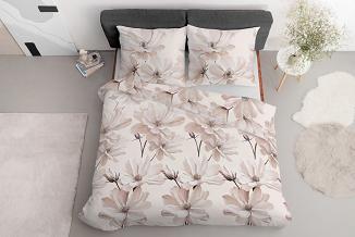 Pościel satynowa 160x200 Detexpol beżowa kremowa kwiaty magnolii