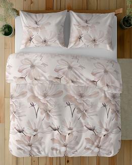 Pościel satynowa 160x200 Detexpol beżowa kremowa kwiaty magnolii