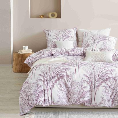 Pościel satyna bawełniana VINTAGE 140x200 biała różowa pudrowa nadruk palmowy gaj lamówka biza