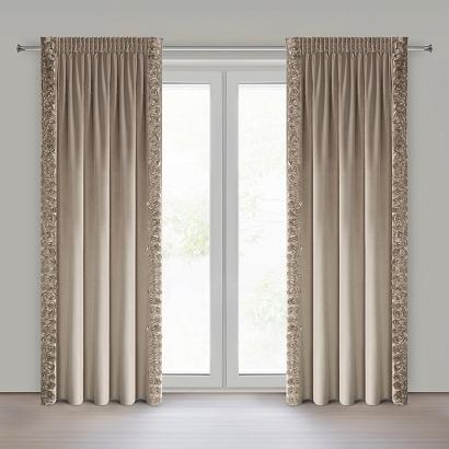 Zasłona gotowa na taśmie ROSES 140x270 Eva Minge Eurofirany ciemnobeżowa z pasami ozdobnych róż po bokach