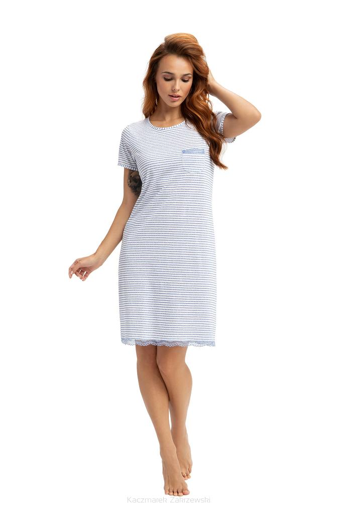 Koszula damska LUNA kod 177 biała niebieska paski serduszka z koronką