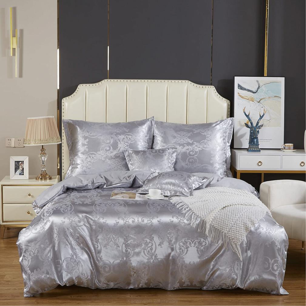 Pościel atłasowa haftowana 160x200 ekskluzywna srebrna ornamentowy wzór AT007